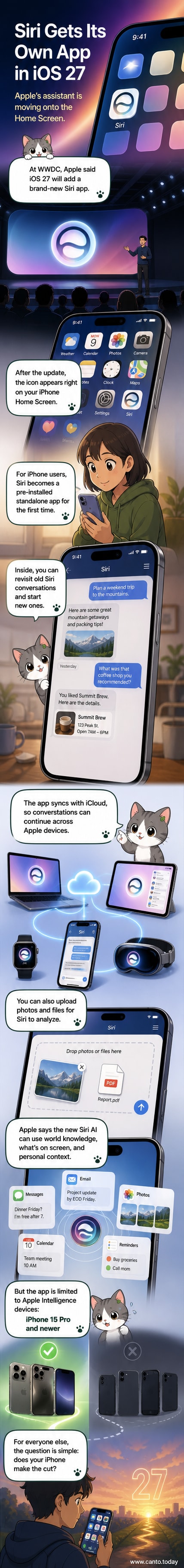 An iPhone screen showing the new Siri app icon on the Home Screen, with a chat-style interface displaying a conversation history and file upload option.