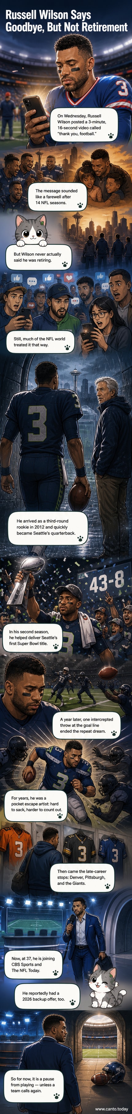 Russell Wilson in a navy Seahawks jersey, kneeling on the field with head bowed, surrounded by a soft glow as a 'Thank You, Football' message fades in.
