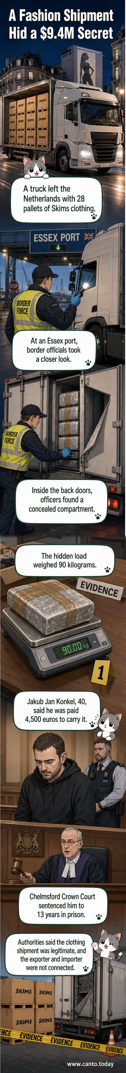 Illustration showing a truck with hidden compartments in the back doors, one open to reveal wrapped bricks of cocaine, next to stacked pallets labeled 'Skims'.