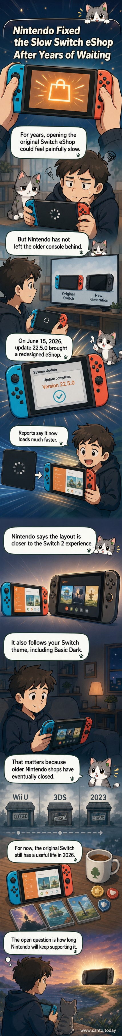 Nintendo Switch console with updated eShop interface showing faster loading and dark theme support.