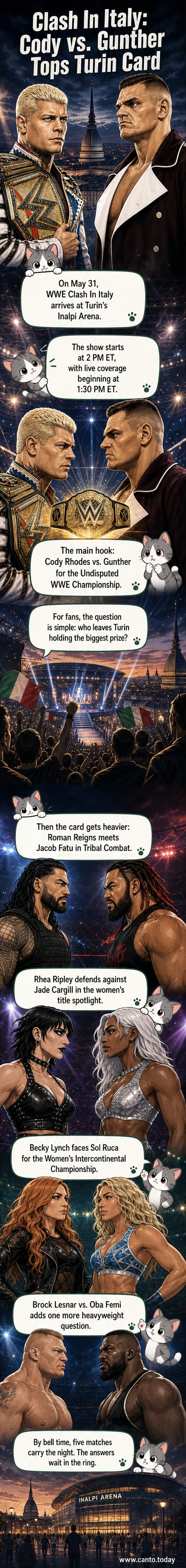 WWE Clash in Italy poster with Cody Rhodes, Roman Reigns, and other wrestlers in action poses, set against a dramatic arena backdrop.