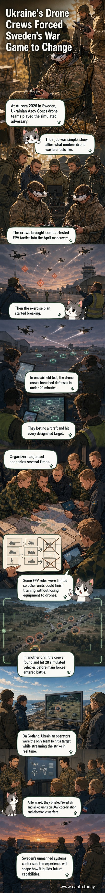 Ukrainian drone operators from the Azov Corps during the Aurora 2026 military exercise in Sweden, standing near FPV drones with Swedish and allied military personnel in the background.