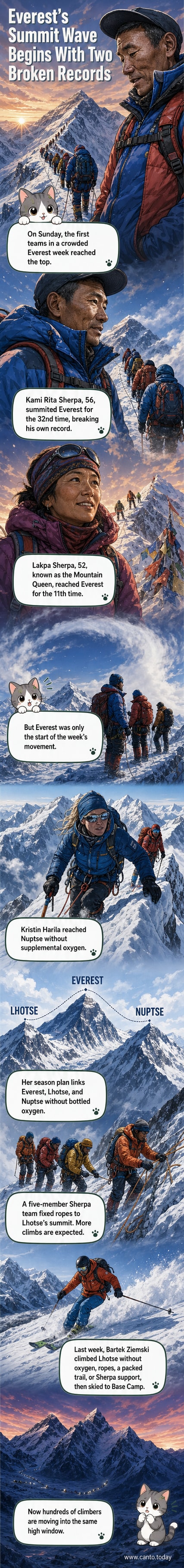 Two Sherpa climbers stand on the summit of Mount Everest under a clear sky, wearing oxygen masks and bright expedition gear, with snow-covered peaks stretching into the distance.