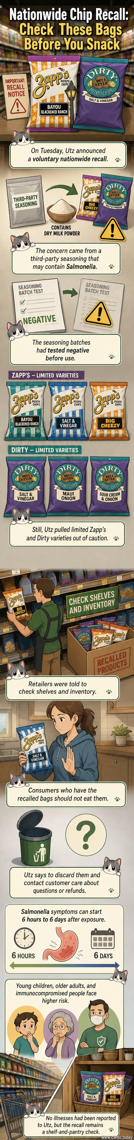 Packaged potato chips from Zapp's and Dirty brands displayed with a red 'recall' stamp overlay and salmonella warning text.
