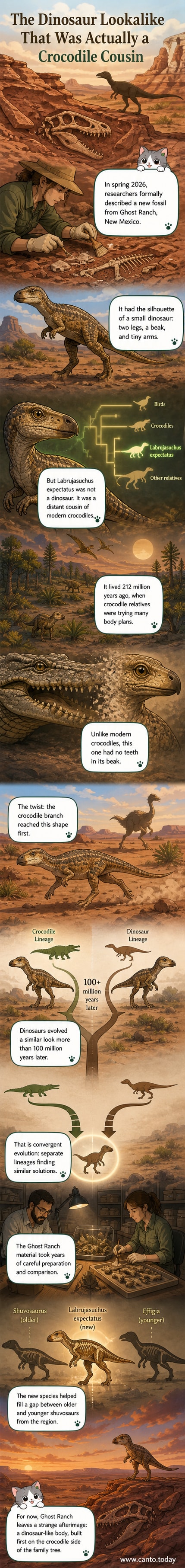 Illustration of Labrujasuchus expectatus, a two-legged, beaked reptile resembling a small dinosaur, walking across a Triassic landscape in New Mexico, with distant crocodile-like and early dinosaur relatives in the background.