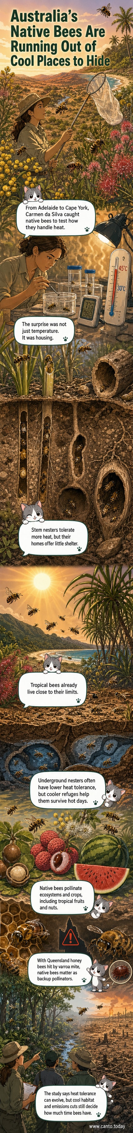Illustration of native bees in different habitats—underground burrows, hollow logs, and exposed plant stems—highlighting how nesting behavior affects heat resilience in a warming climate.