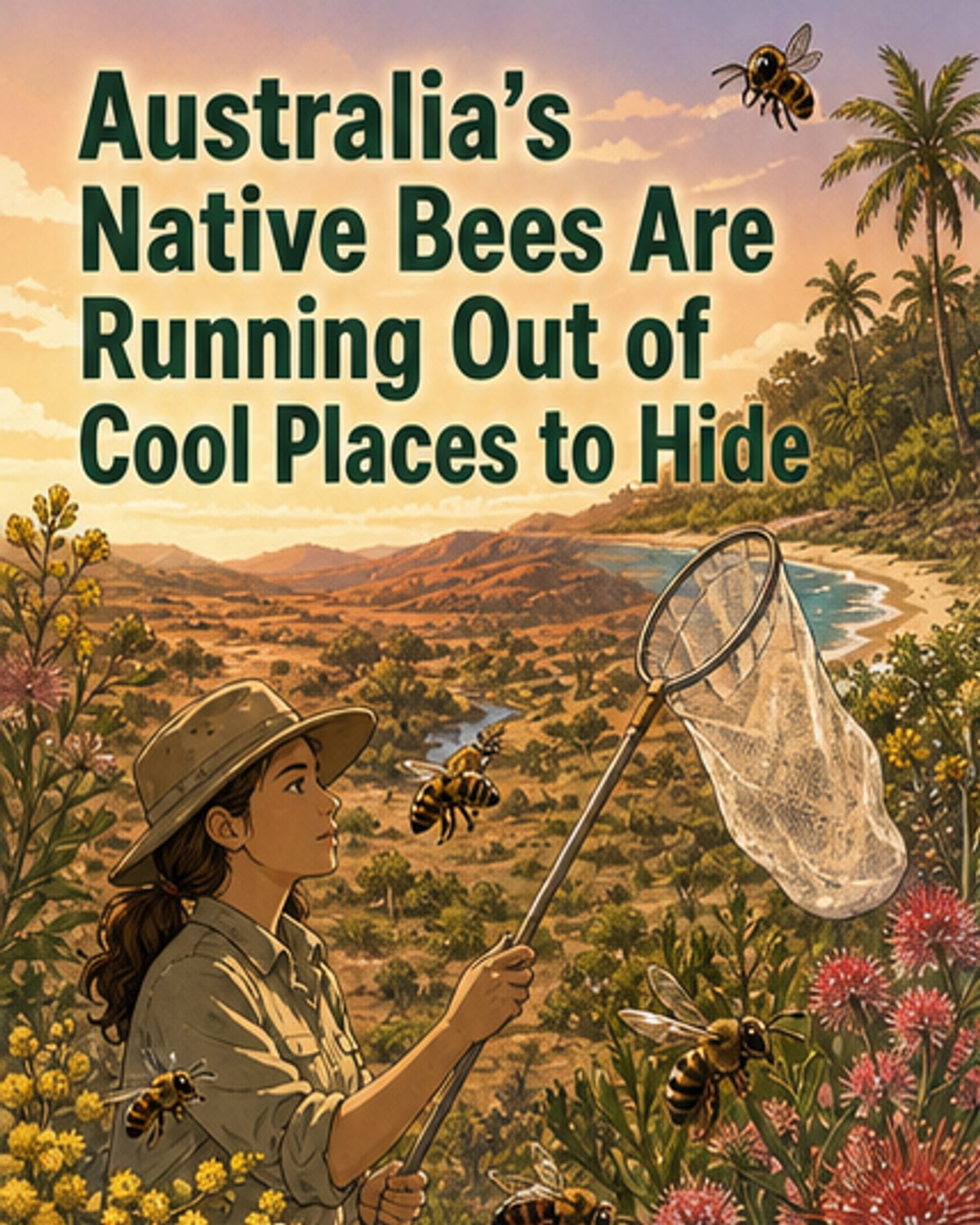 Illustration of native bees in different habitats—underground burrows, hollow logs, and exposed plant stems—highlighting how nesting behavior affects heat resilience in a warming climate.