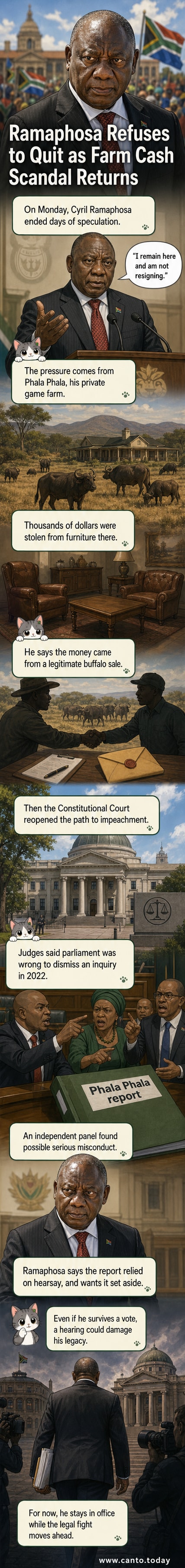 Illustration of South African President Cyril Ramaphosa standing beside a farm gate, with a shadowy figure holding a bag of cash in the background, symbolizing the Phala Phala scandal.