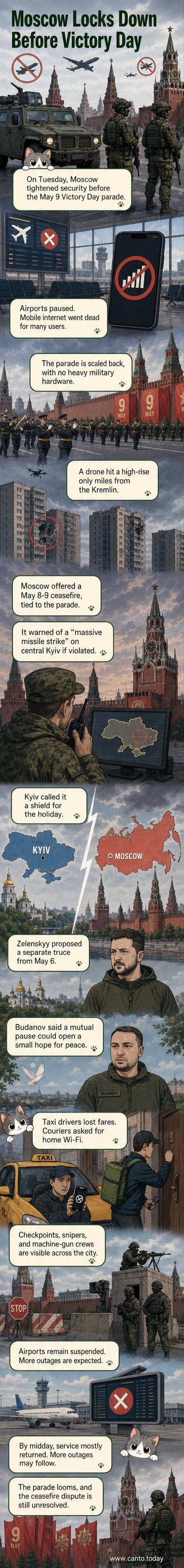 An armored Russian Federal Guard Service vehicle patrols central Moscow under tight security ahead of Victory Day, with military checkpoints and snipers visible across the city skyline.