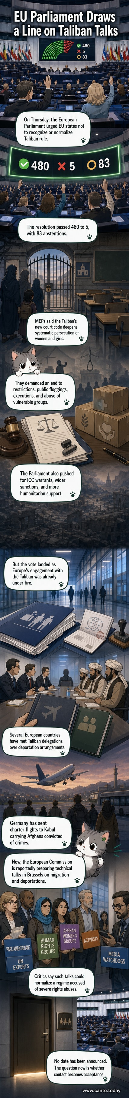 Illustration of the European Parliament building with a protest sign reading 'Stop Gender Apartheid' and a banner condemning Taliban rights abuses.