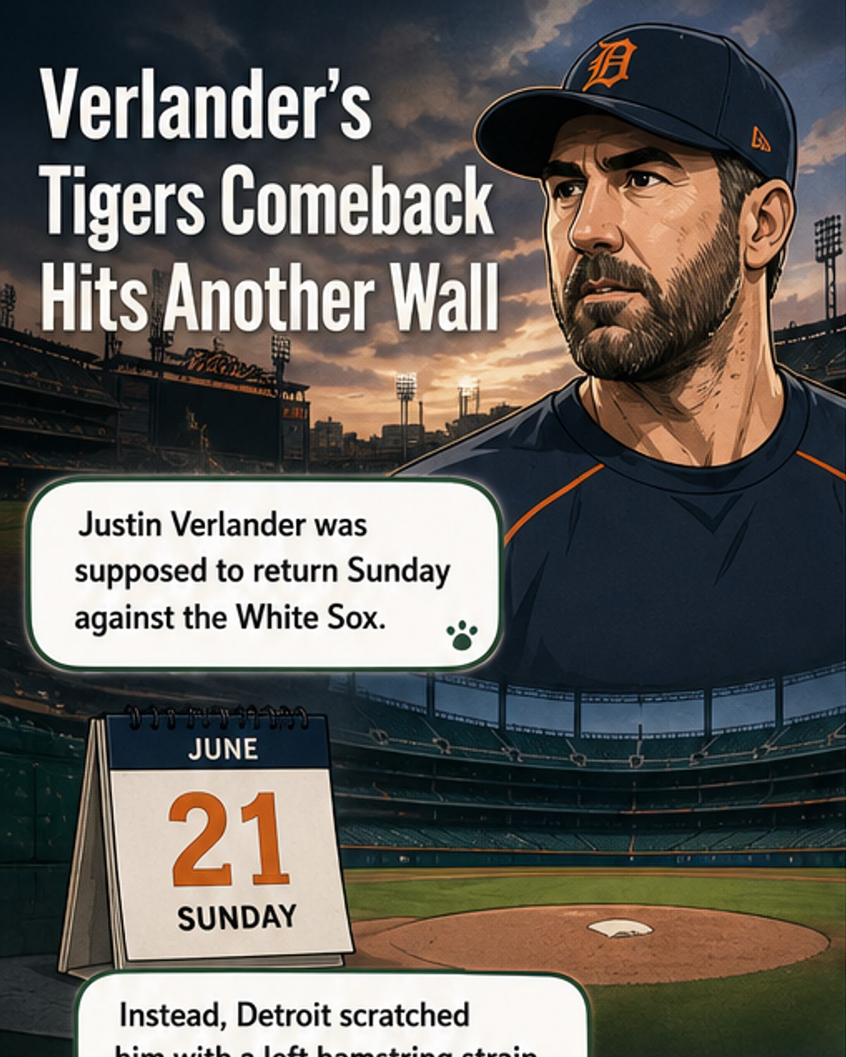 Justin Verlander in Tigers uniform, looking reflective on the mound, with Comerica Park in the background.