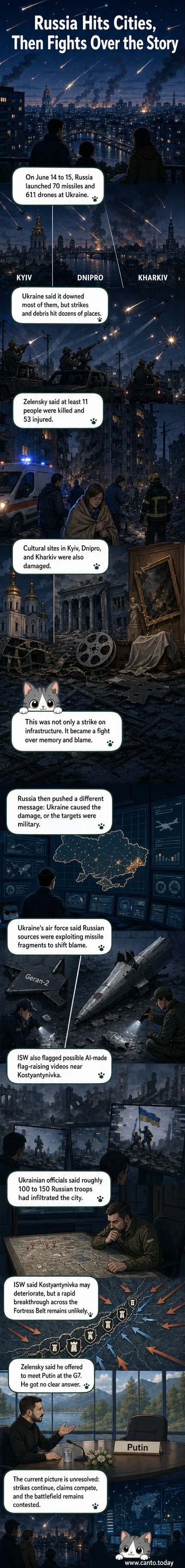 A split visual showing a nighttime missile strike over Kyiv on one side and AI-generated footage of Russian soldiers raising a flag in a war-torn city on the other, with debris and fire in the background.