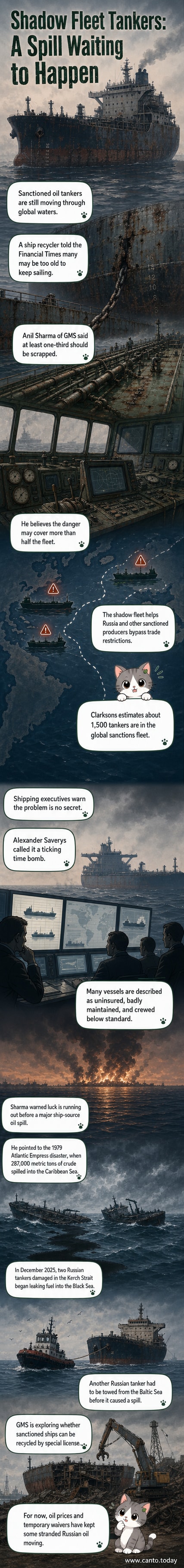 A darkened fleet of aging oil tankers at sea under stormy skies, with oil slicks forming near one vessel, symbolizing environmental risk from poorly maintained ships.