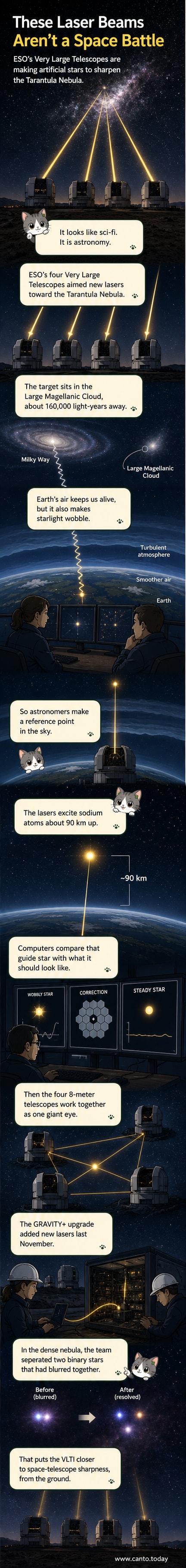 Night sky view showing four laser beams shooting upward from ESO’s Very Large Telescope domes toward the glowing Tarantula Nebula in the Large Magellanic Cloud, with an inset of the sharp interferometric image revealing binary stars.