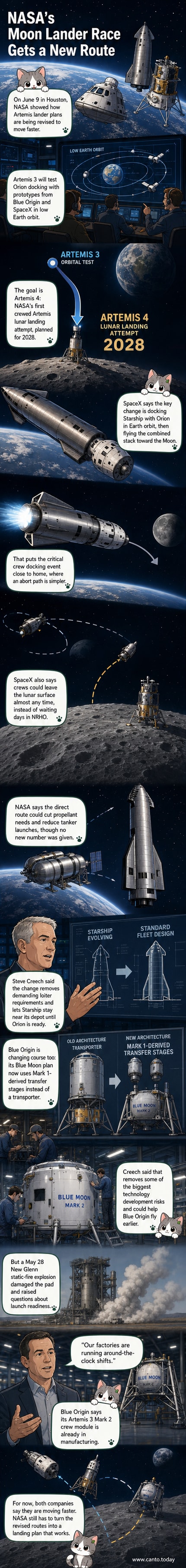 Illustration of a Starship spacecraft docking with Orion in Earth orbit, with the moon in the background and Blue Moon lander components being assembled in a lunar orbit.