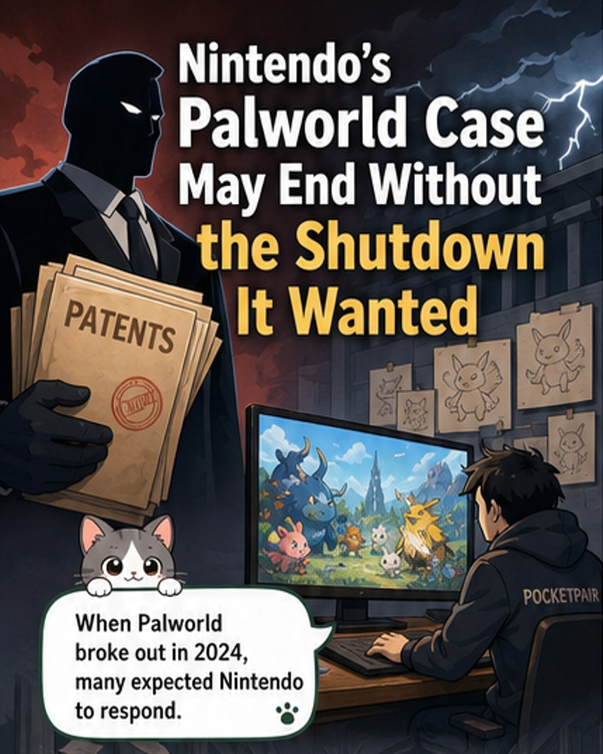 Illustration of a courtroom with a Nintendo logo on one side and a Palworld creature on the other, symbolizing the legal battle.