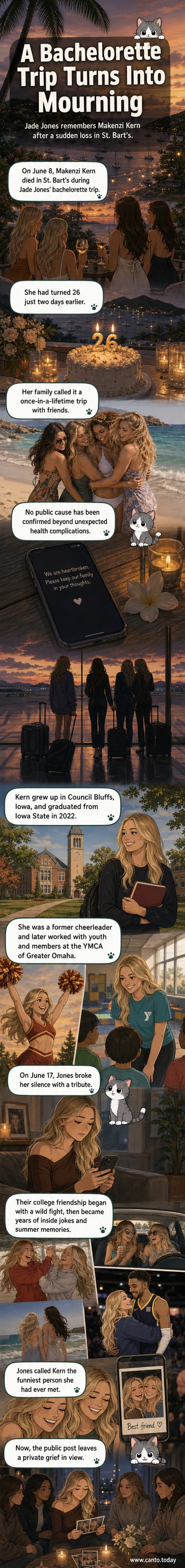Illustrated panel showing Jade Jones and Makenzi Kern smiling together on a beach during a trip, with a somber tone in the background.