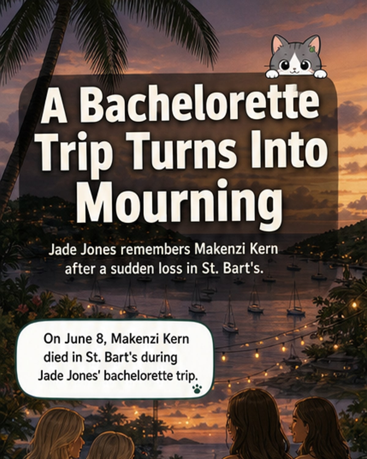 Illustrated panel showing Jade Jones and Makenzi Kern smiling together on a beach during a trip, with a somber tone in the background.