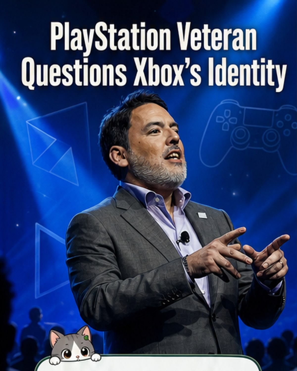 Illustrated panel showing former PlayStation leader Shawn Layden speaking critically about Xbox's direction, with game studio icons fading into a corporate structure in the background.