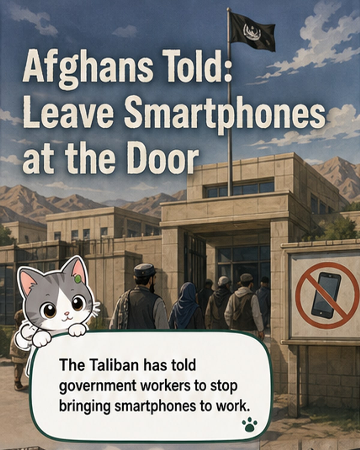 An Afghan bureaucrat smashes a smartphone on a table while a Taliban official watches, symbolizing the new government ban on devices in workplaces.