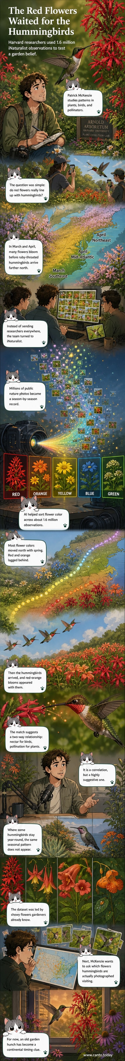 Illustration of ruby-throated hummingbirds hovering near red tubular flowers in a spring forest, with a timeline showing delayed bloom compared to other flower colors.
