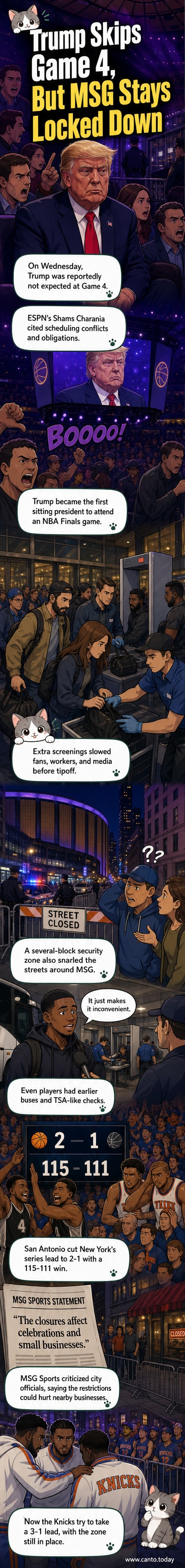 Illustration of Madison Square Garden surrounded by police barricades and security checkpoints, with a crowd of fans and protest signs visible in the background.