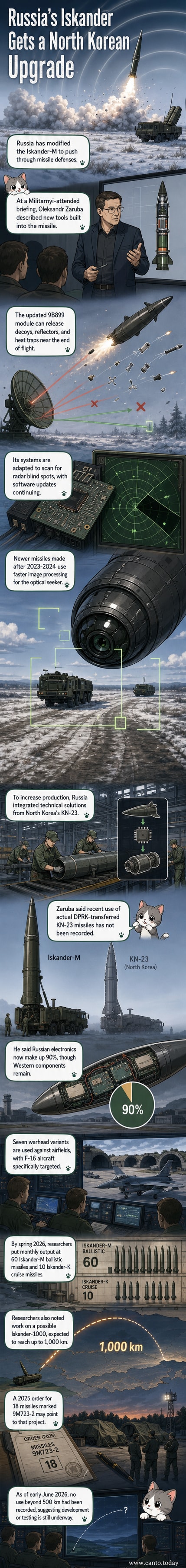A technical illustration showing the Iskander-M missile with labeled components, including the 9B899 decoy module and optical homing head, alongside a side-by-side comparison with North Korea’s KN-23.