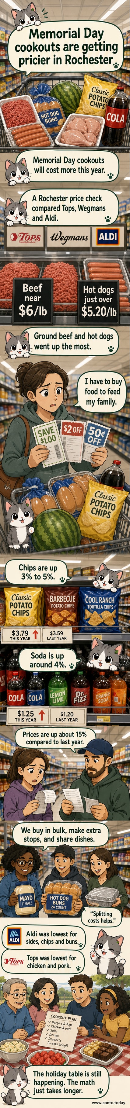 A grocery receipt and shopping cart with cookout items like burgers, hot dogs, chips, and watermelon, highlighting rising prices at different stores.