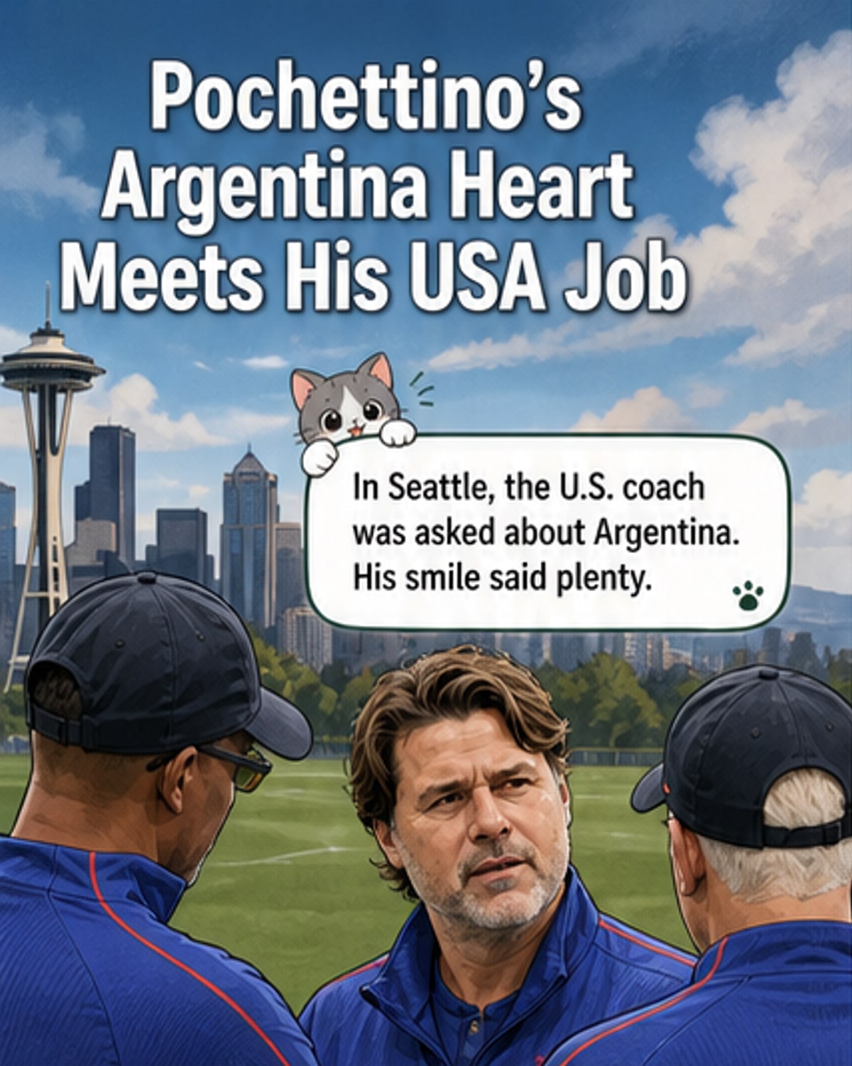 Illustration of Mauricio Pochettino in USMNT gear, smiling while looking at a screen showing Lionel Messi celebrating a goal for Argentina.