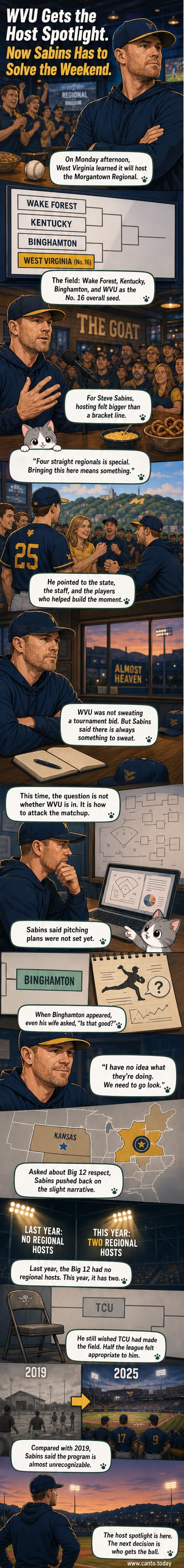 West Virginia baseball coach Steve Sabins speaks at a press conference ahead of the NCAA regional, with players and fans in the background.