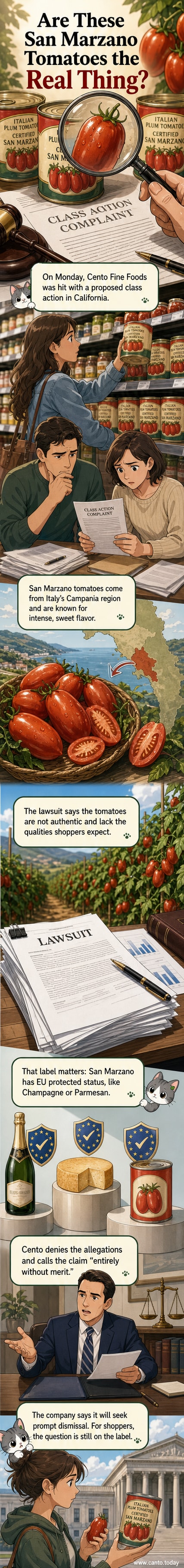 Illustration of a grocery shelf with canned tomatoes, one labeled 'San Marzano Certified,' while a magnifying glass reveals question marks inside the can.
