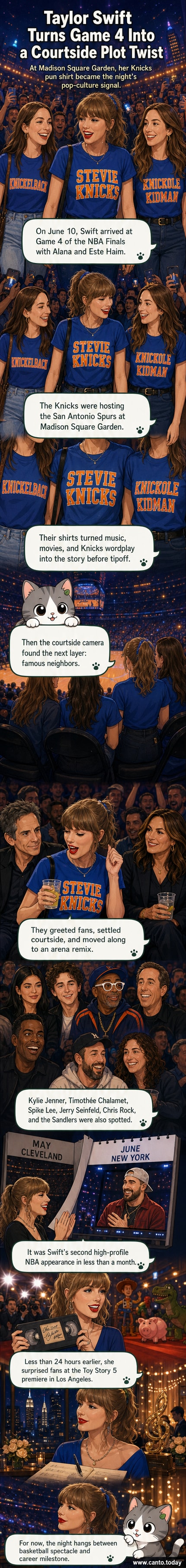 Taylor Swift and the Haim sisters wearing blue and orange Knicks-themed pun T-shirts at Madison Square Garden during Game 4 of the NBA Finals.