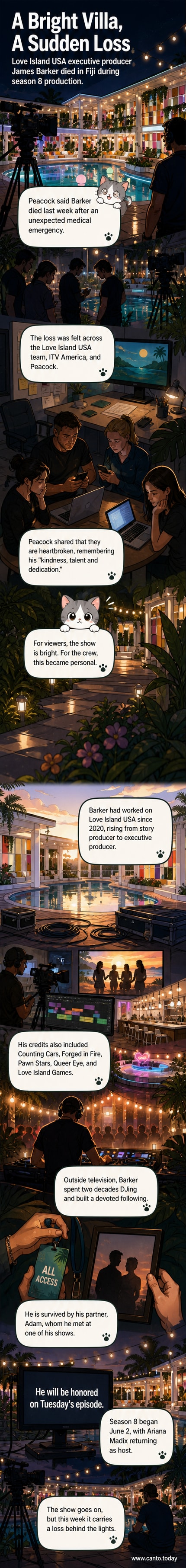 A still from 'Love Island USA' showing the villa at sunset, with text overlay honoring executive producer James Barker.