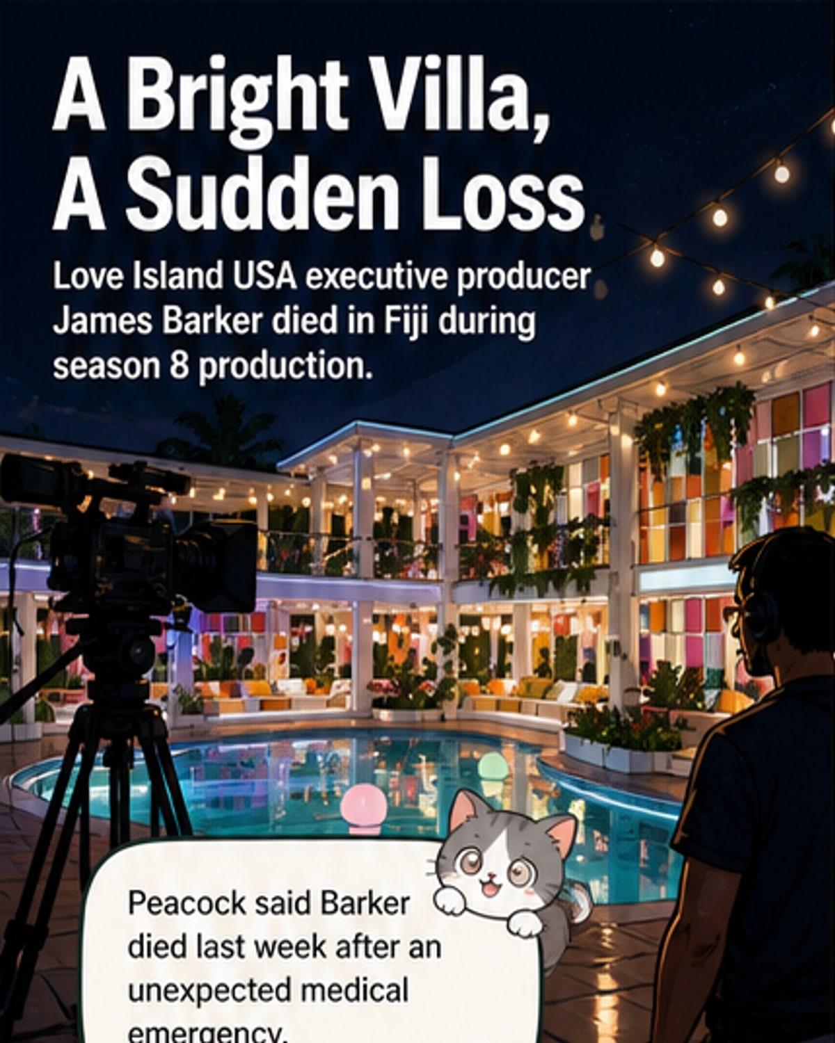 A still from 'Love Island USA' showing the villa at sunset, with text overlay honoring executive producer James Barker.