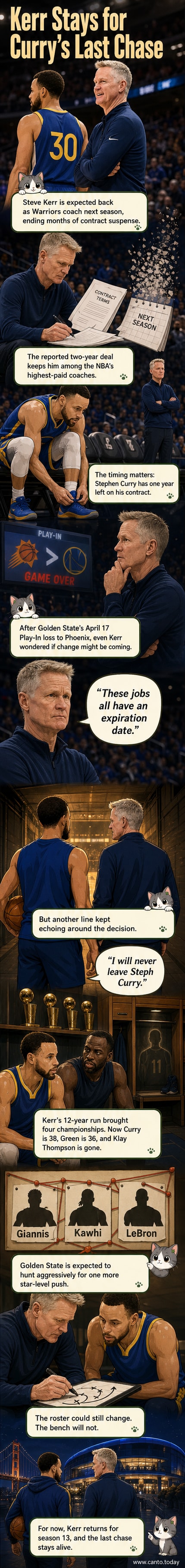 Steve Kerr and Stephen Curry standing together on the Warriors' bench, looking ahead, with championship banners in the background.