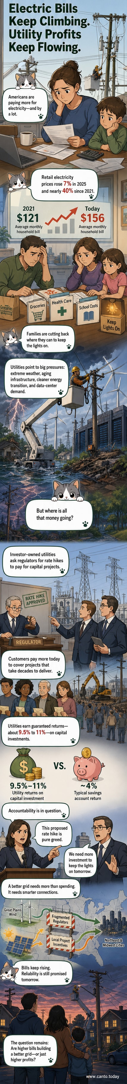 A split panel showing a family looking at a high electric bill on one side and a utility executive in a boardroom with rising profit charts on the other.