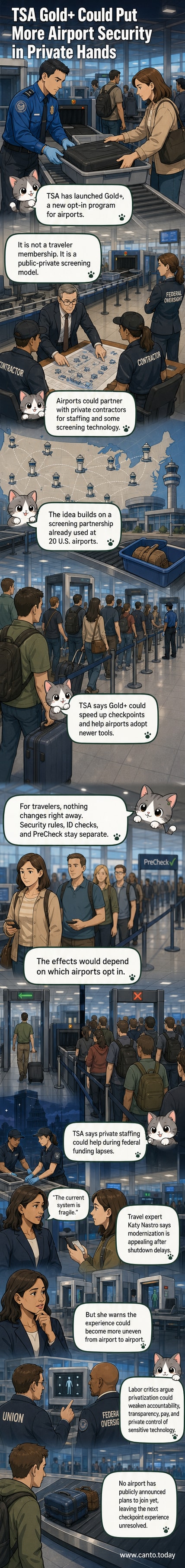Illustration of airport security checkpoint with TSA and private contractor logos side by side, showing a traveler walking through a scanner as officials monitor screens.