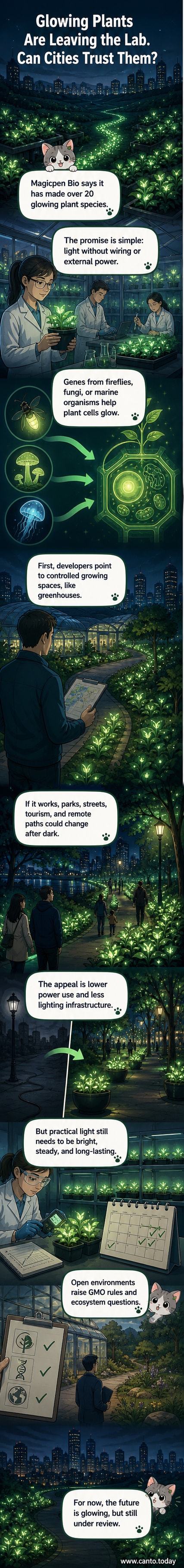 An artistic rendering of a city park at night illuminated by softly glowing trees and shrubs, with no electric lights visible.
