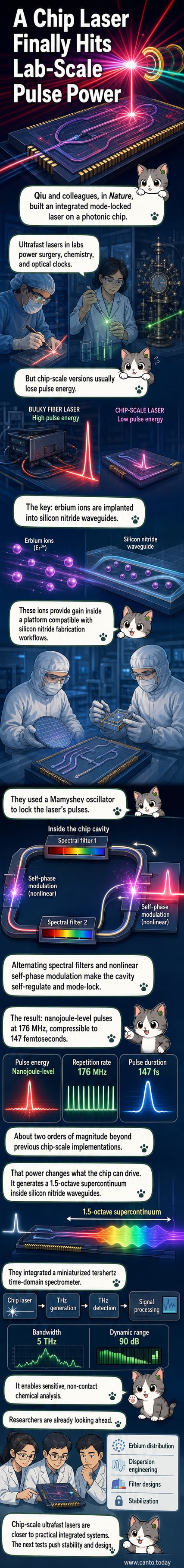An illustrated cross-section of a photonic chip showing a Mamyshev oscillator with erbium-doped silicon nitride waveguides generating high-energy femtosecond laser pulses.
