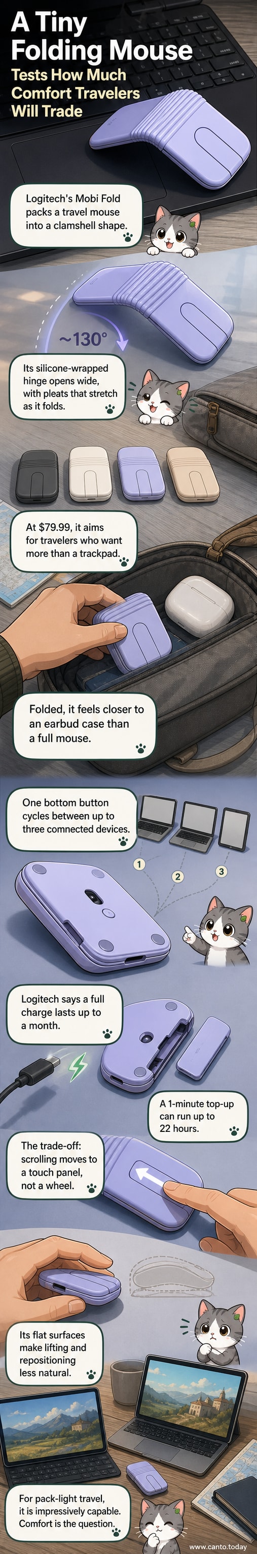 A small, foldable gray mouse with a visible hinge, resting on a desk next to a smartphone.
