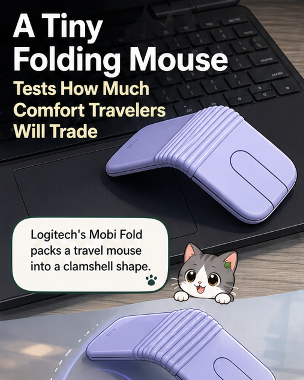 A small, foldable gray mouse with a visible hinge, resting on a desk next to a smartphone.