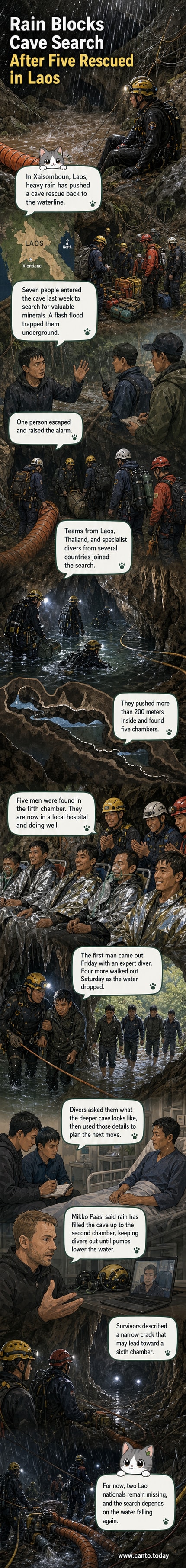 Rescue divers in full gear preparing to enter a flooded cave entrance surrounded by lush jungle terrain in Laos.