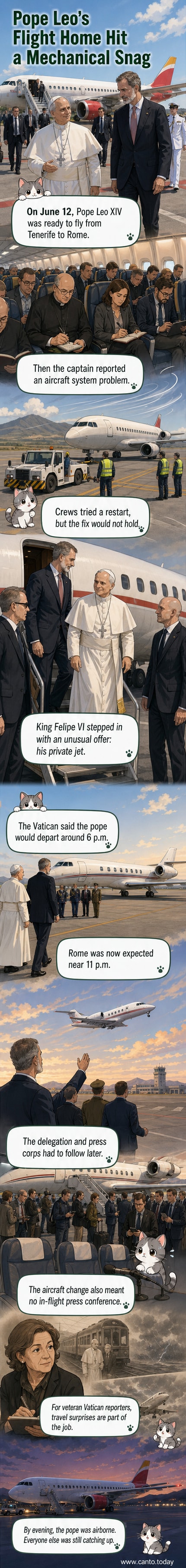 Pope Leo XIV and King Felipe VI walk together across the tarmac at Tenerife airport after the pope's flight was grounded due to mechanical issues.