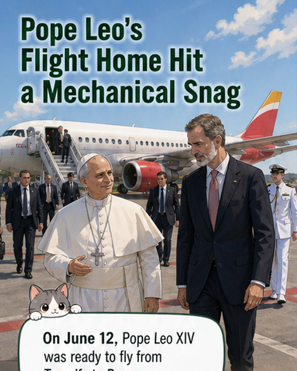 Pope Leo XIV and King Felipe VI walk together across the tarmac at Tenerife airport after the pope's flight was grounded due to mechanical issues.
