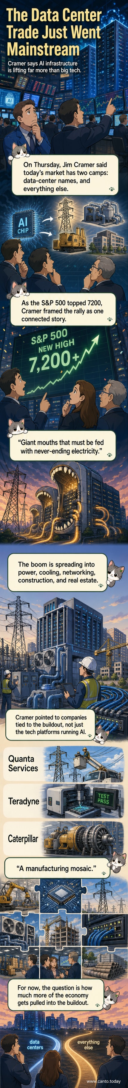Illustration of a data center surrounded by icons representing power lines, cooling systems, industrial machinery, and network connections, showing how multiple sectors are tied to its growth.