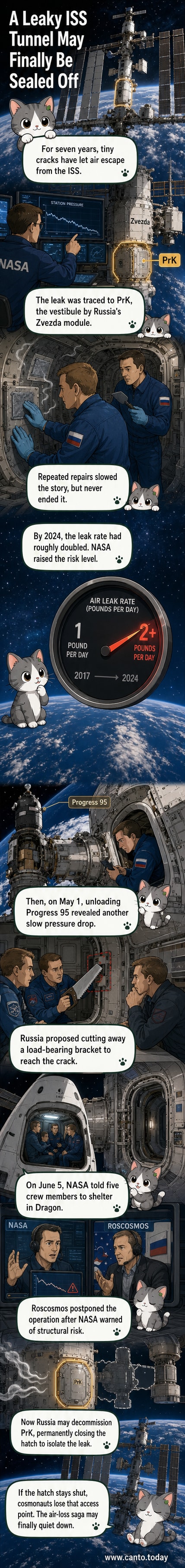 Illustration of the International Space Station with a highlighted section showing the leaking PrK vestibule in the Russian Zvezda module.