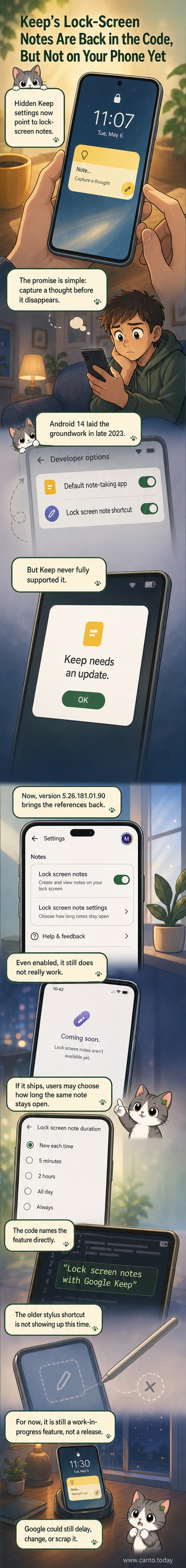 A smartphone screen showing a lock screen with a floating note interface from Google Keep, suggesting quick note capture without unlocking the device.
