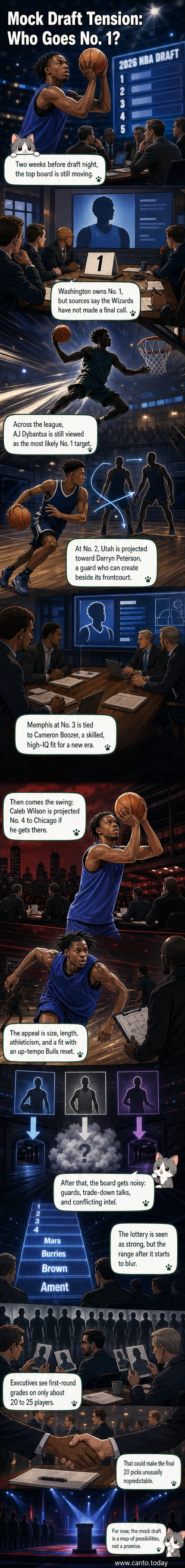 A stylized basketball court with draft board projections showing player names, positions, and team logos for the 2026 NBA Draft first round.