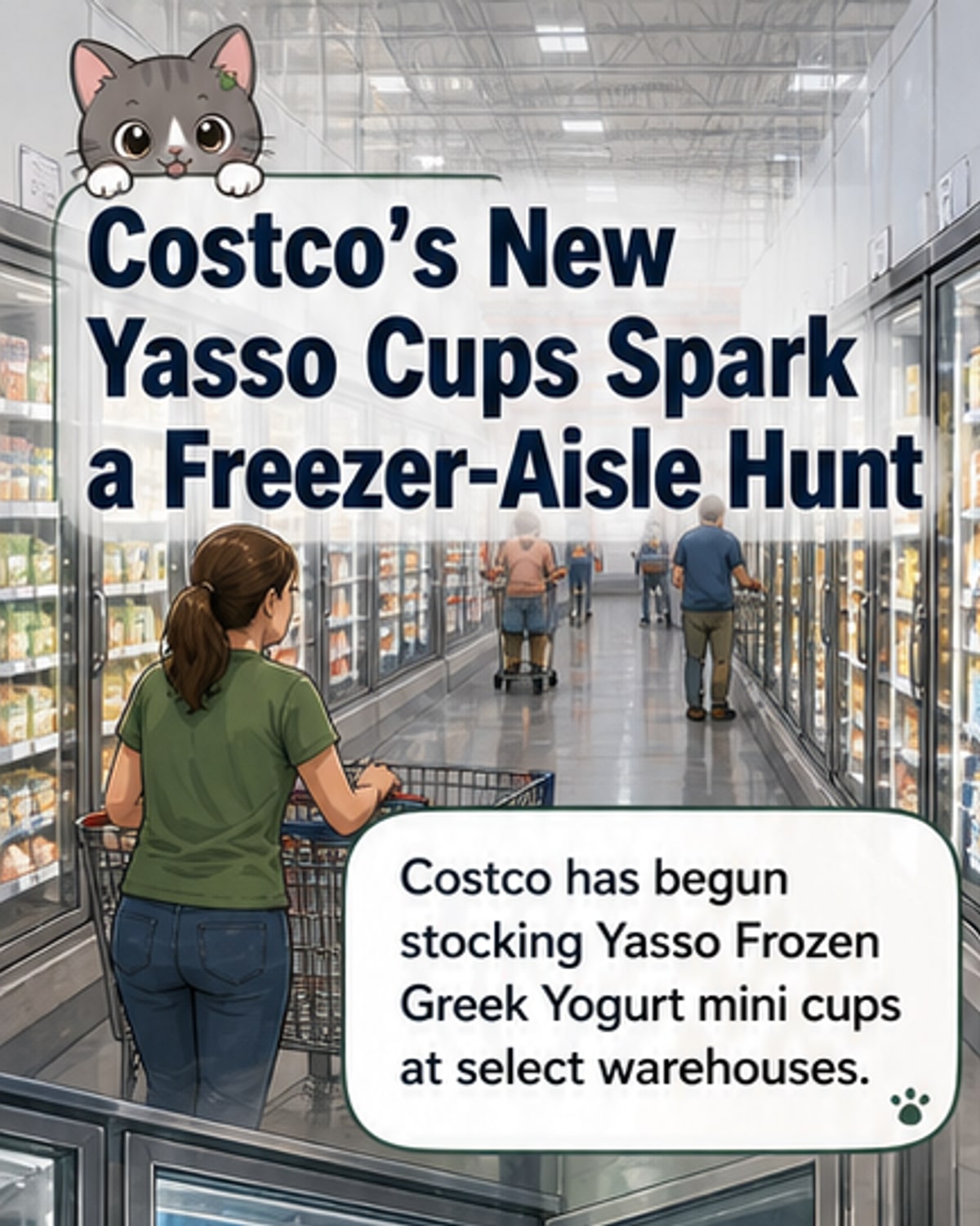 A shopping cart moves through the frozen food aisle at a Costco store, with a package of Yasso Frozen Greek Yogurt Cups displayed in the foreground.