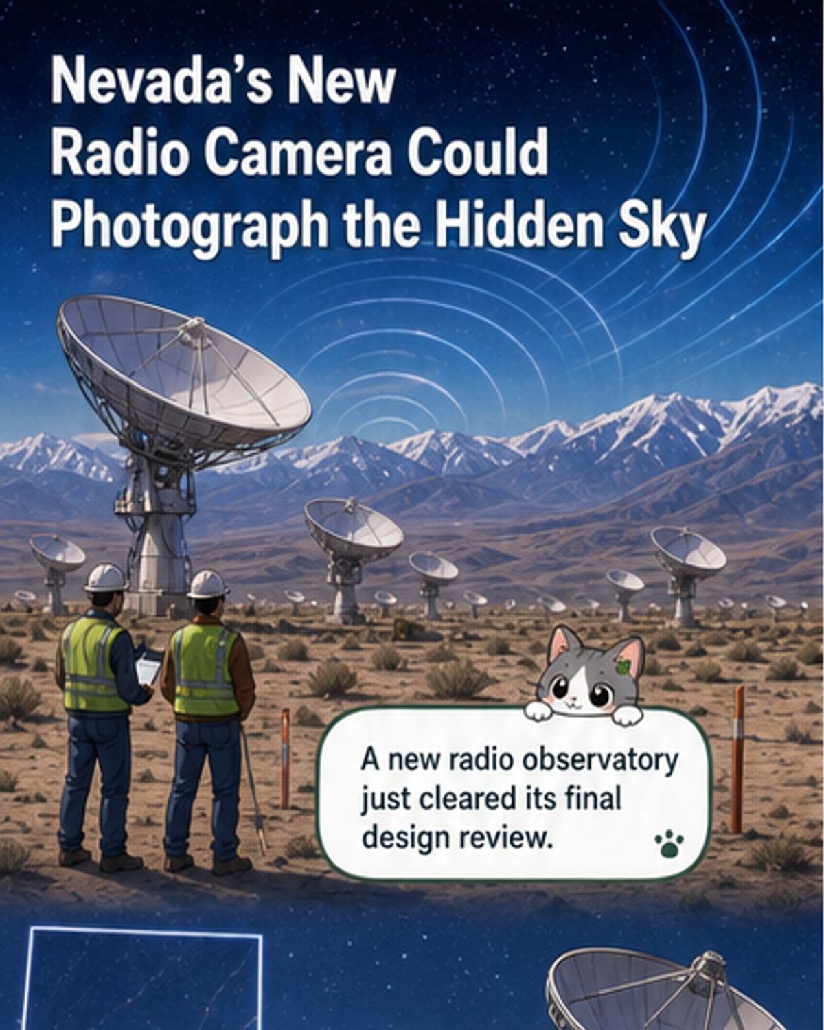 An artist's rendering of a vast desert array of hundreds of white radio dishes pointed at the sky under a starry night, representing the future Deep Synoptic Array in Nevada.